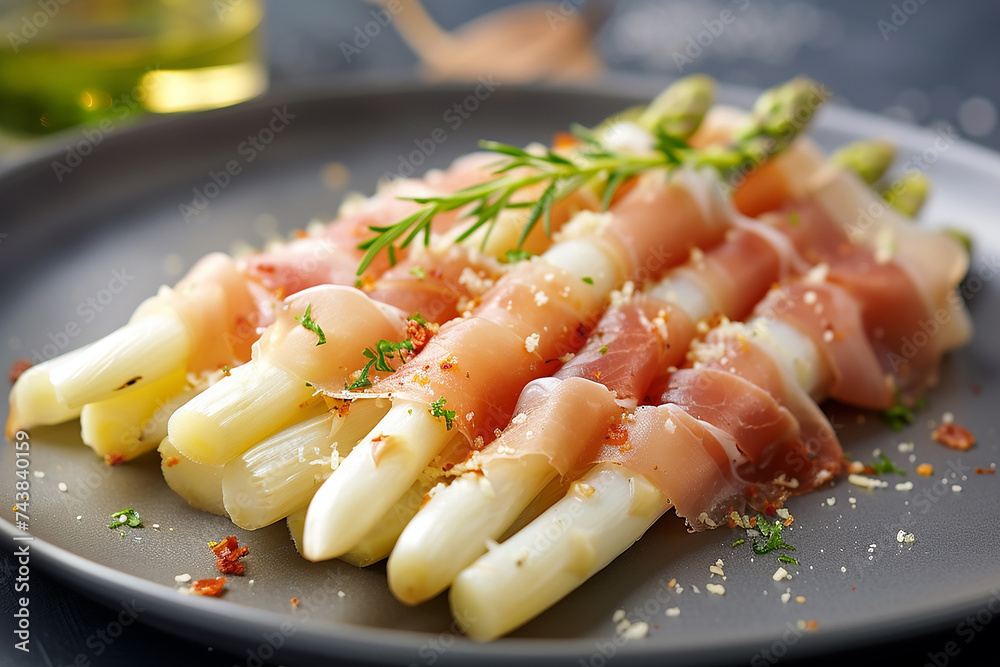 cooked white asparagus with ham and sauce. AI generative. - obrazy, fototapety, plakaty 