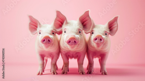 minimalist background National Pig Day theme, and wide copy space, cute illustration Pigs drinking boba milk, banner. Copy space. Funny animal. Pink pig in a pink background. Little pink piglets