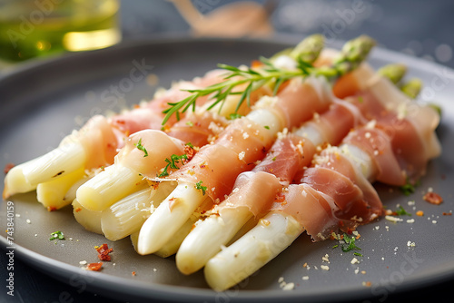cooked white asparagus with ham and sauce. AI generative. photo