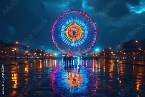 A magnificent outdoor spectacle, the glowing ferris wheel stands tall against the cloud-dotted sky, its vibrant lights reflecting in the tranquil waters below, beckoning tourists to experience the ma