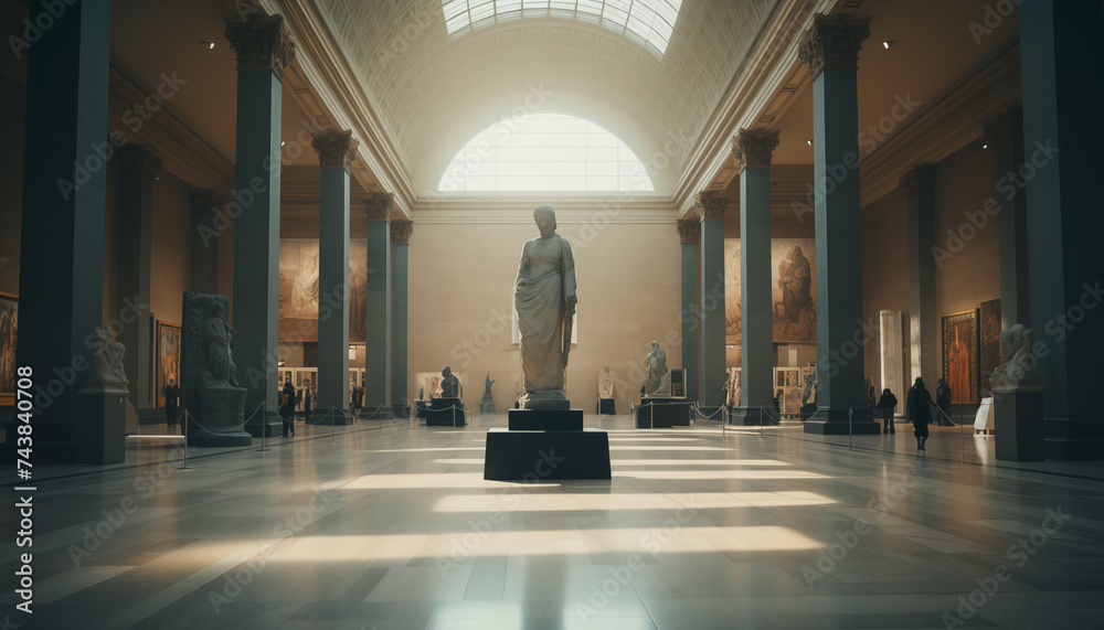 Guardians of the Past: A Majestic Hall Housing an Enigmatic Statue - obrazy, fototapety, plakaty 
