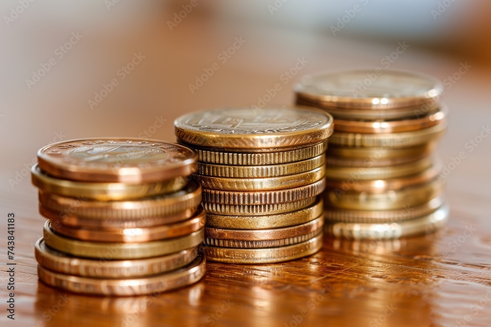 Stack of Coins on Wooden Table Stack of Coins on Wooden Table