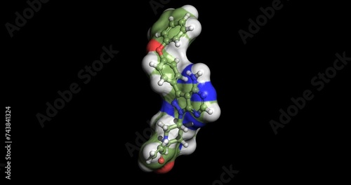 Ibrutinib, anticancer drug against chronic lymphocytic leukemia, mantle cell lymphoma, and Waldenstrom's Macroglobulinemia, 3D molecule spinning on Y-axis, 4K photo