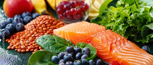 Beautiful bountiful image of leafy greens, lentils, berries, bananas, salmon fillet denoting good balanced diet of lean proteins, fruits, vegetables, whole grains photo