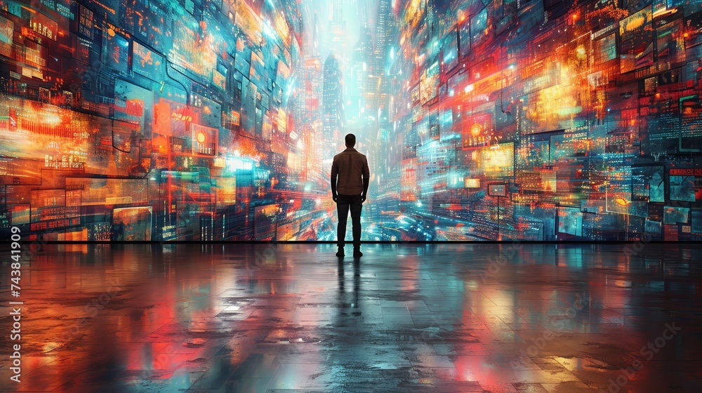 Man Standing in Front of Colorful Cityscape
