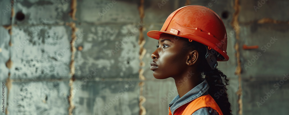dark-skinned woman builder in hard hat