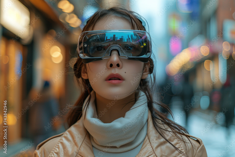 Asian woman walks around the city in 3D virtual glasses