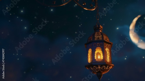 Ramadan Kareem background with Arabic lanterns and crescent moon