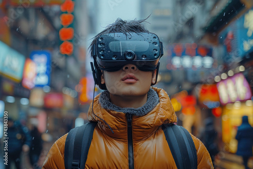 Asian man walks around the city in 3D virtual glasses