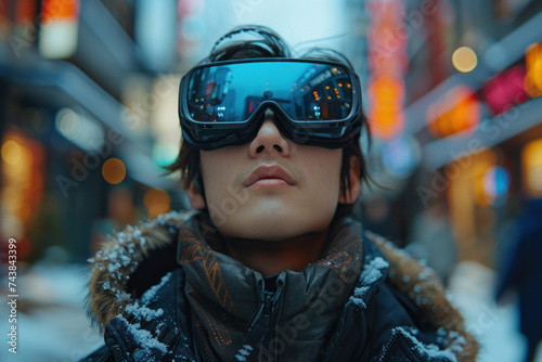 Asian man walks around the city in 3D virtual glasses © sofiko14