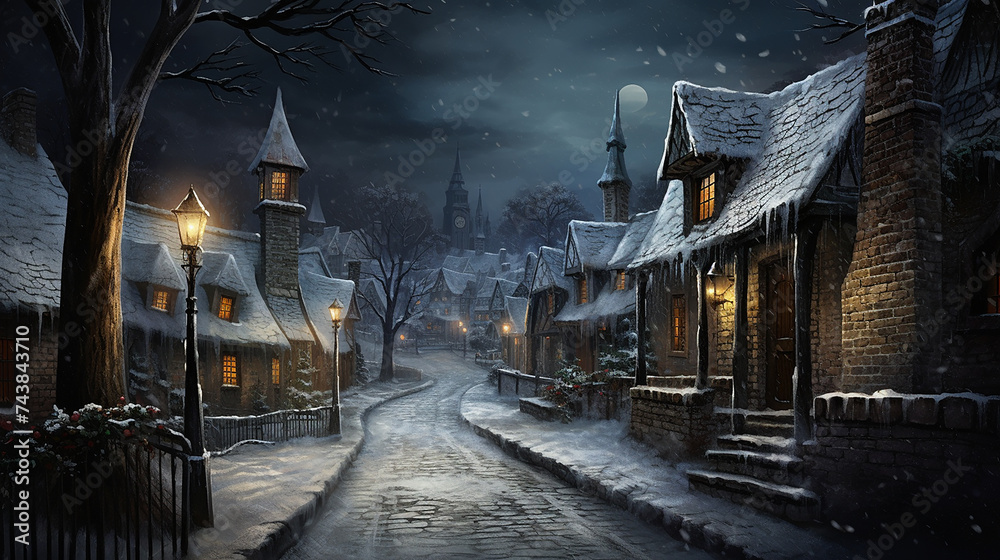 Naklejka premium village scene in rainy day. rainy night in a snowy village flurries of snow