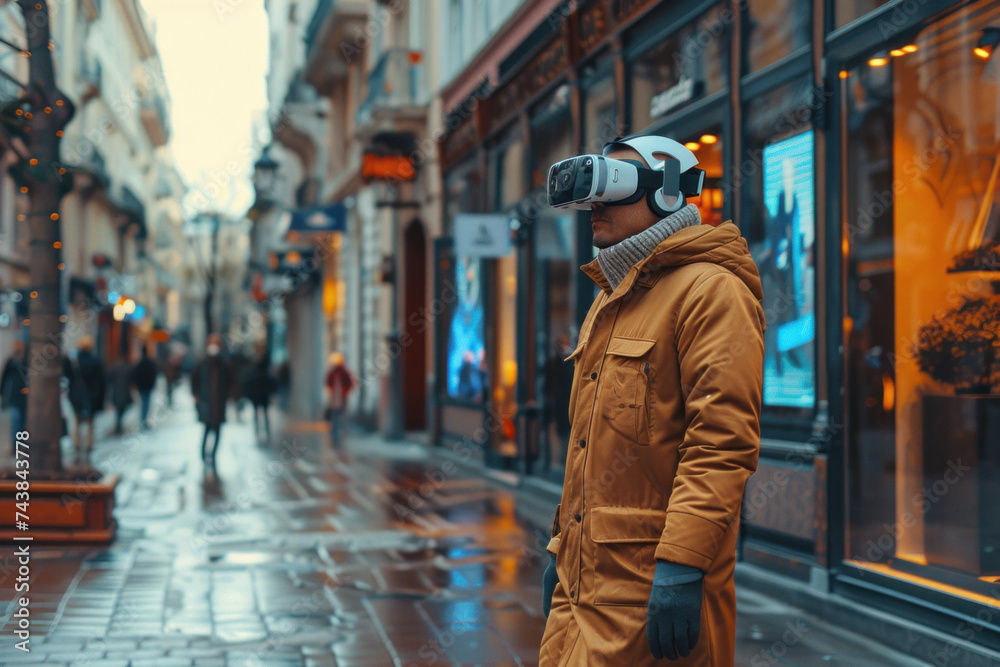 Obraz premium Asian man walks around the city in 3D virtual glasses