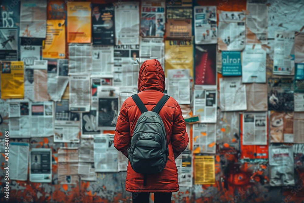 Person in Red Jacket Standing in Front of Wall of Newspapers - obrazy, fototapety, plakaty 