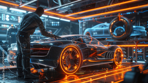 A 3D animated scene showing an engineer creating a cutting edge car prototype against a dynamic backdrop background