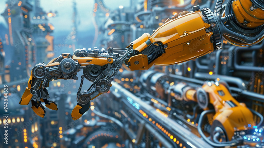 A robotic arm equipped with advanced technology surrounded by gears and mechanical components against a backdrop of a futuristic cityscape