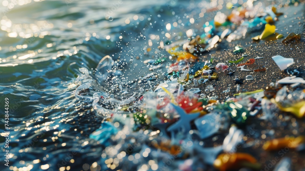 High detail 3D illustration of microplastics in marine environment, environmental science theme. High detail 3D illustration of microplastics in marine environment, environmental science theme.