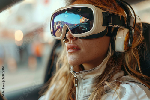Caucasian woman drives a car in 3D virtual glasses