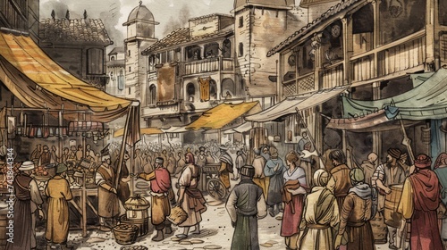 Hand-drawn illustration of a bustling medieval marketplace with vendors and townspeople © furyon