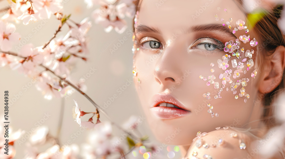 Beautiful young woman with fashion decor of rhinestones pink flowers in at face. Spring concept.