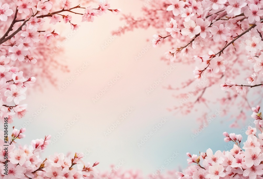 Card template with empty space of cherry blossom under clear blue sky in Springtime, petals in the wind, Card Design. Generative AI