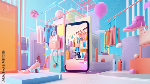 Design a vibrant and visually appealing digital illustration of a virtual shopping experience on a smartphone screen
