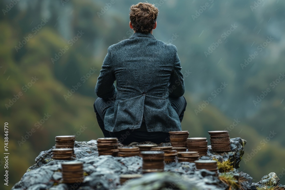 Fototapeta premium Man Sitting on Top of Rock by Stacks of Coins
