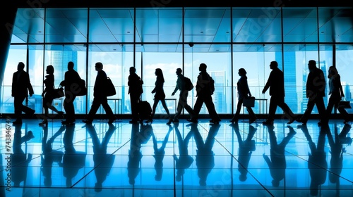 Group of People Walking Through Lobby