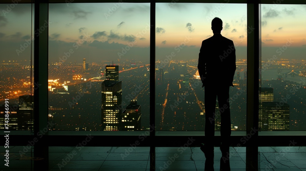 Fototapeta premium Man Standing in Front of Window Overlooking City