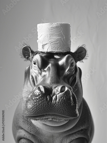 Hippopotamus with Toilet Paper Headpiece in Grayscale