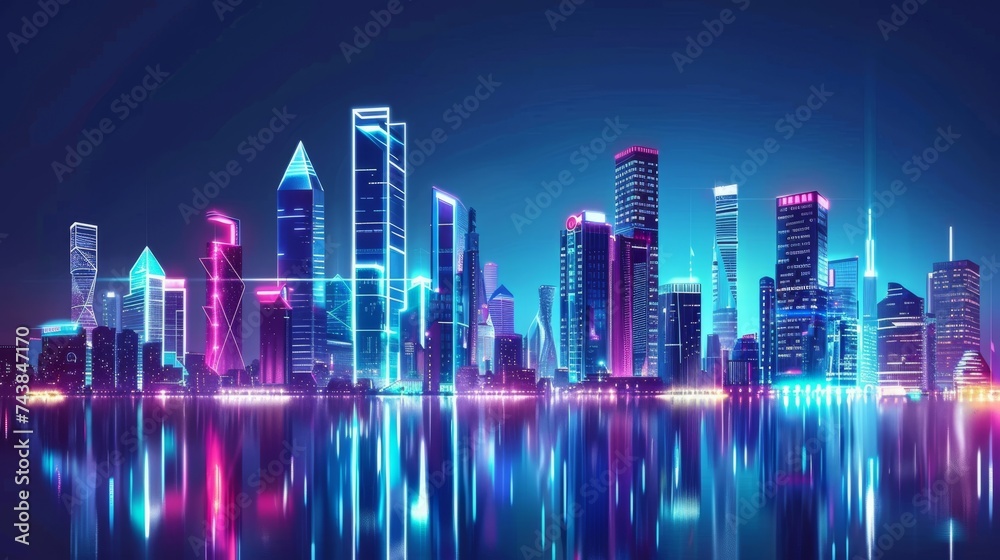 Futuristic city skyline at night with neon lights and high-tech skyscrapers