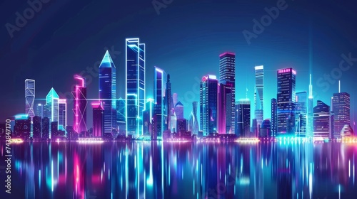 Futuristic city skyline at night with neon lights and high-tech skyscrapers © furyon