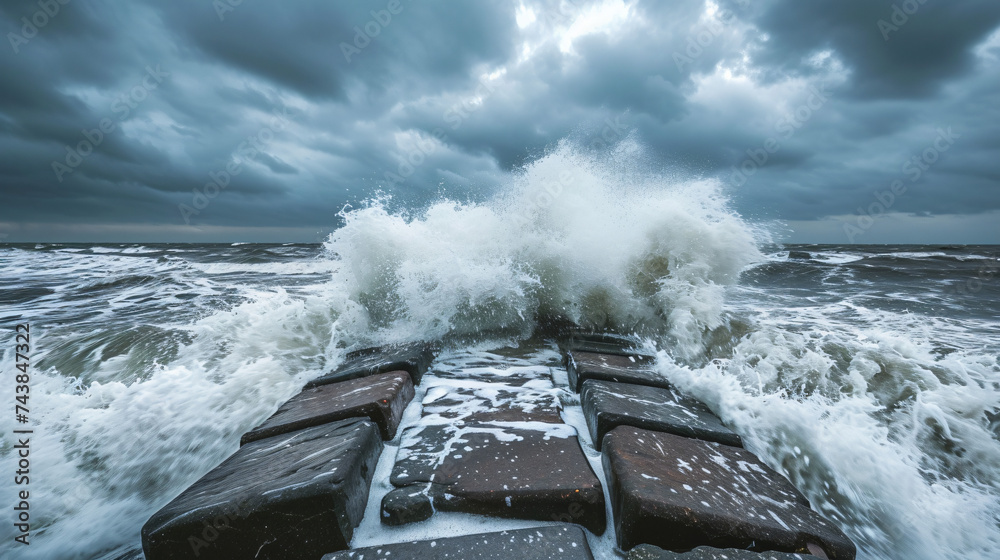 Autumn storm rocks baltic sea with powerful waves - obrazy, fototapety, plakaty 