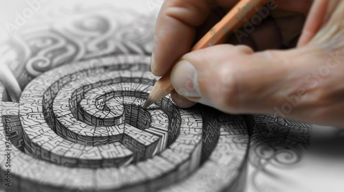 Designer drawing labyrinth to success.