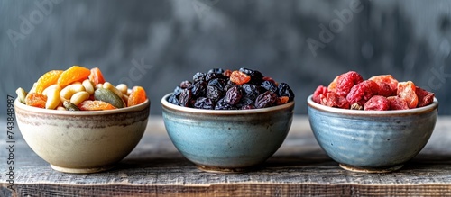 Three bowls of dried fruits seen from the front.