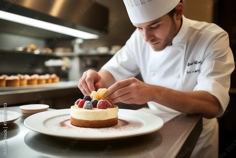 Pastry chef completing a dessert in a hotel kitchen.