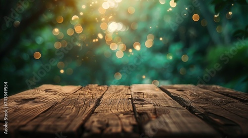 Close-up of glistening raindrops on a wooden surface, backlit by warm sunlight filtering through green leaves.