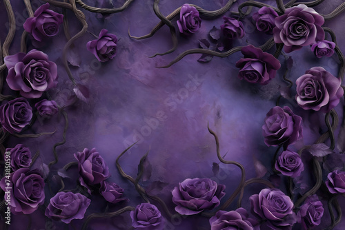 Dark grunge purple concrete wall background. Intricate creative floral frame with purple roses. Vignette fantasy rose frame. Twigs, branches, leaves, ivy, vines intertwined with lush flowers. #743850598