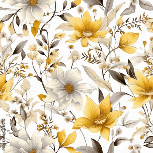 beautiful botanical wild plant seamless pattern tile. white and yellow flowers background. AI generated