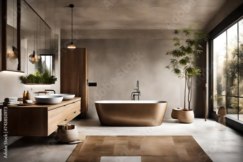 A bathroom oasis with a freestanding bathtub  minimalist fixtures  and earthy tones  offering a spa-like retreat.