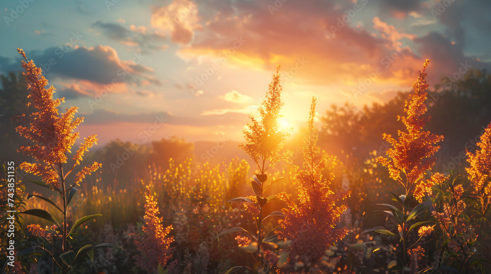 Goldenrod bathed in the warm glow of a sunset, using cinematic framing to evoke a serene atmosphere. - obrazy, fototapety, plakaty 