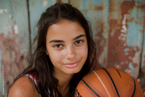 Confident teen girl with dark wavy hair and a slight smile, holding a basketball, against a rustic, peeling paint backdrop.
