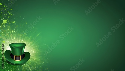 Green happy St. Patrick s Day sign background with a leprechaun green shamrock hat full of gold coins and clover symbol. Generative AI