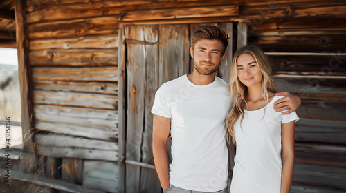 Simple white T shirt mockup, Young couple standing by a cabin photo