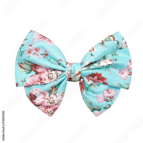 Turquoise hair bow with floral pattern. Stylish accessory for fashion projects.
