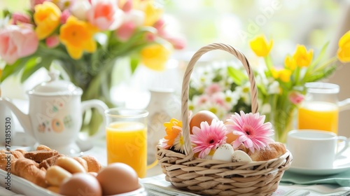 Easter Breakfast, easter theme food on spring decorated table