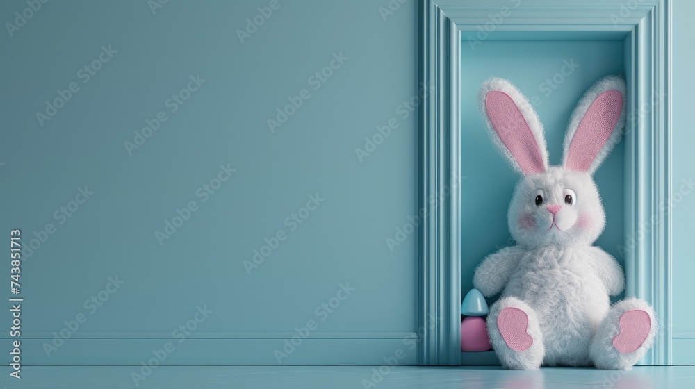 Obraz premium Easter bunny at door of blue wall, 3D digital art illustration