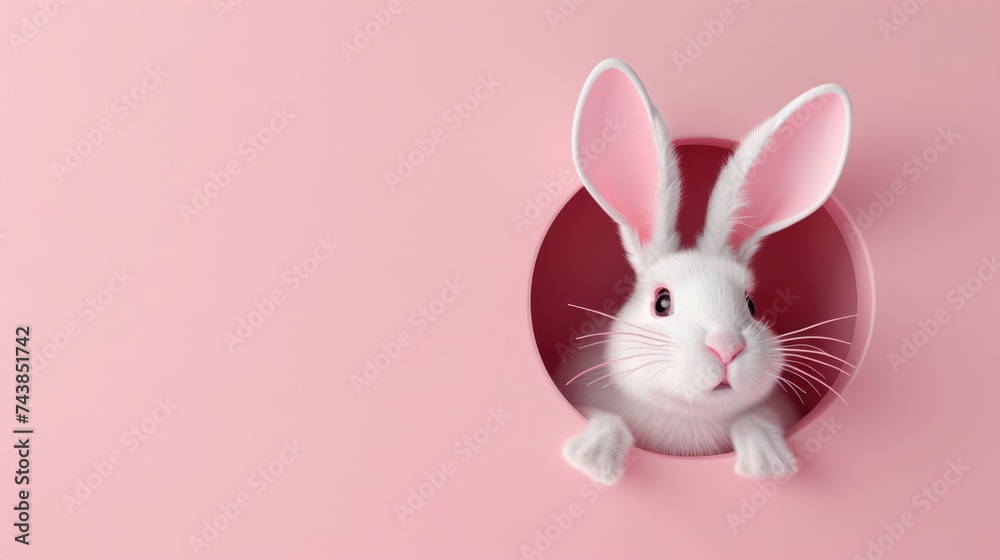 Fototapeta premium Rabbit peeps out of the hole, easter digital art illustration on pastel pink background