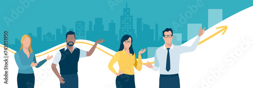 Goal. A group of business people pointing at a rising business curve. Business vector illustration.