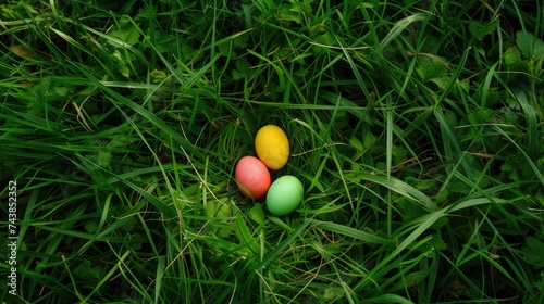 Easter painted color egg decorated in green grass
