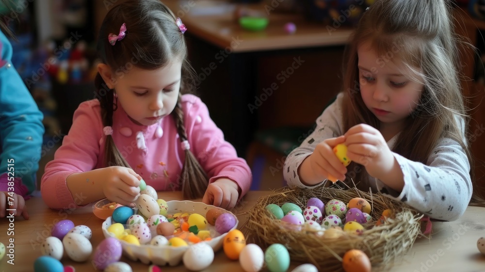 Fototapeta premium Easter Craft, Happy Kid making a handmade easter decoration